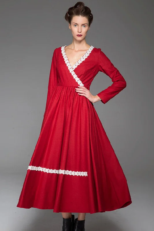 Red wool dress women maxi winter dress 1444 Tunics Distressed trendy