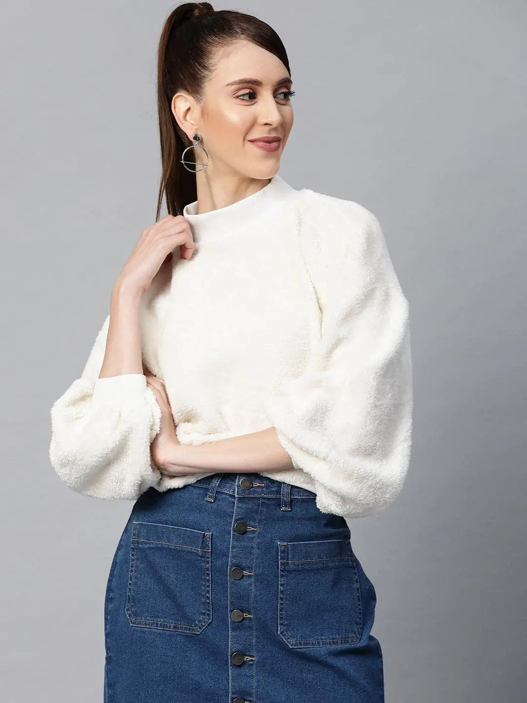 White Balloon Sleeve Faux Fur Sweatshirt Hoodie with Pattern Geometric Abstract