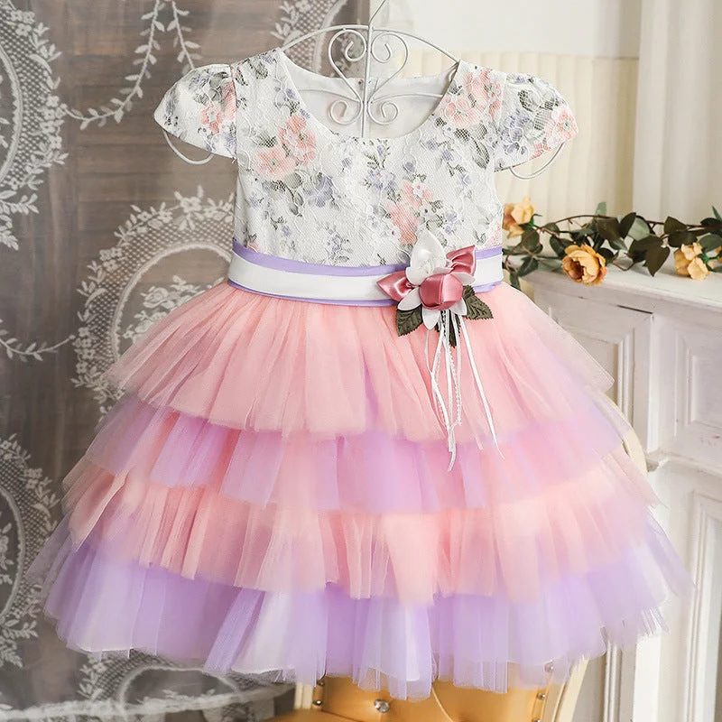 Baby Girl Flowers Birthday Cake Dress Crew Neckline Casual