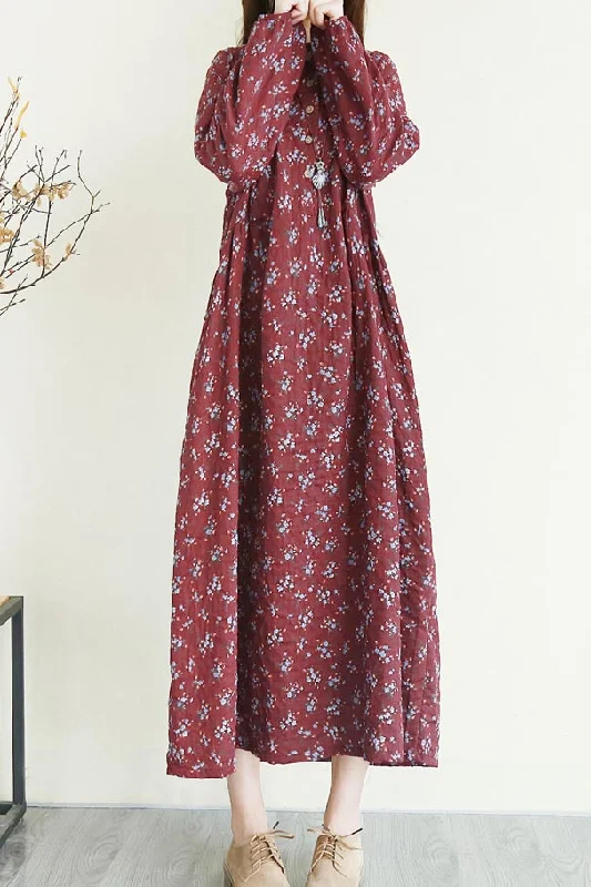 single-breasted linen long floral dress with crew and 3/4 sleeves CYM344 Shift Classic Vintage single-breasted linen long floral dress with crew and 3/4 sleeves CYM344 Shift Classic Vintage