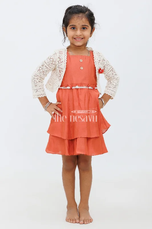 Girls Orange Double-Tiered Party Dress with Crochet Bolero and Floral Belt Tunics Office stylish Girls Orange Double-Tiered Party Dress with Crochet Bolero and Floral Belt Tunics Office stylish