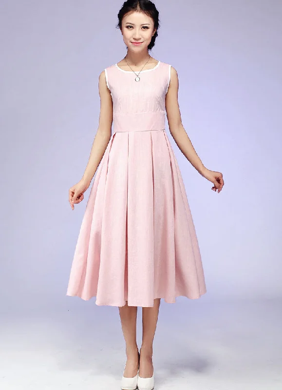 pink linen dress (581) Crew Neckline Sporty