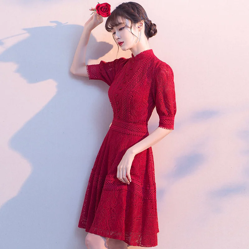 Mandarin Collar Half Sleeve Floral Lace Knee Length Oriental Evening Dress Tunics Seasonal trendy
