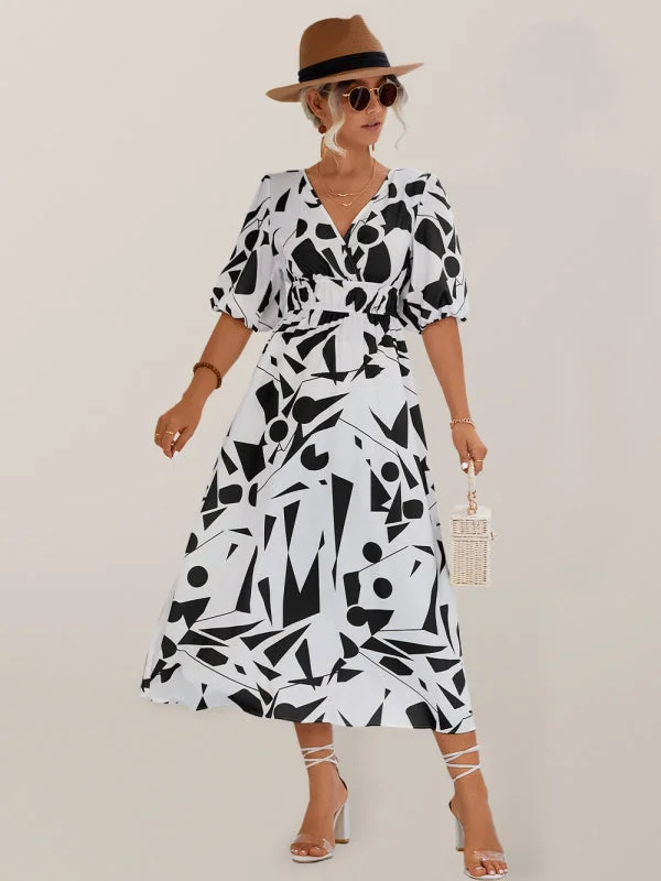 Women's casual holiday V-neck puff sleeve dress Tunics Floral girly