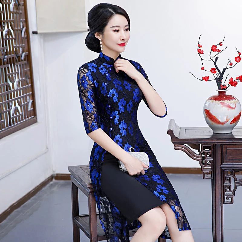 Half Sleeve Cheongsam Top Knee Length Floral Lace Ao Dai Dress Tunics Corduroy durable Half Sleeve Cheongsam Top Knee Length Floral Lace Ao Dai Dress Tunics Corduroy durable