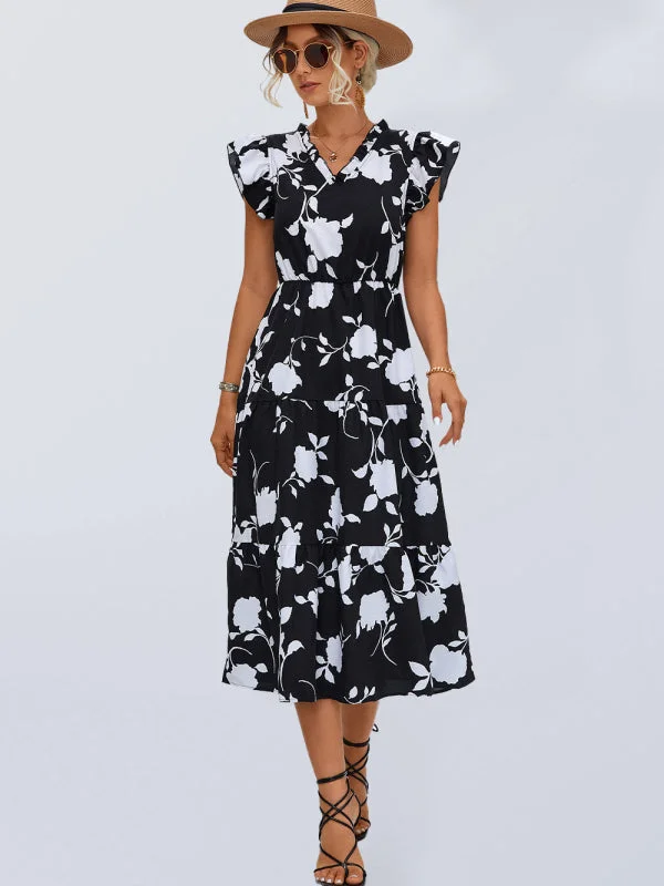 New Floral V-neck Printed Flying Sleeve Dress A-Line Day Work
