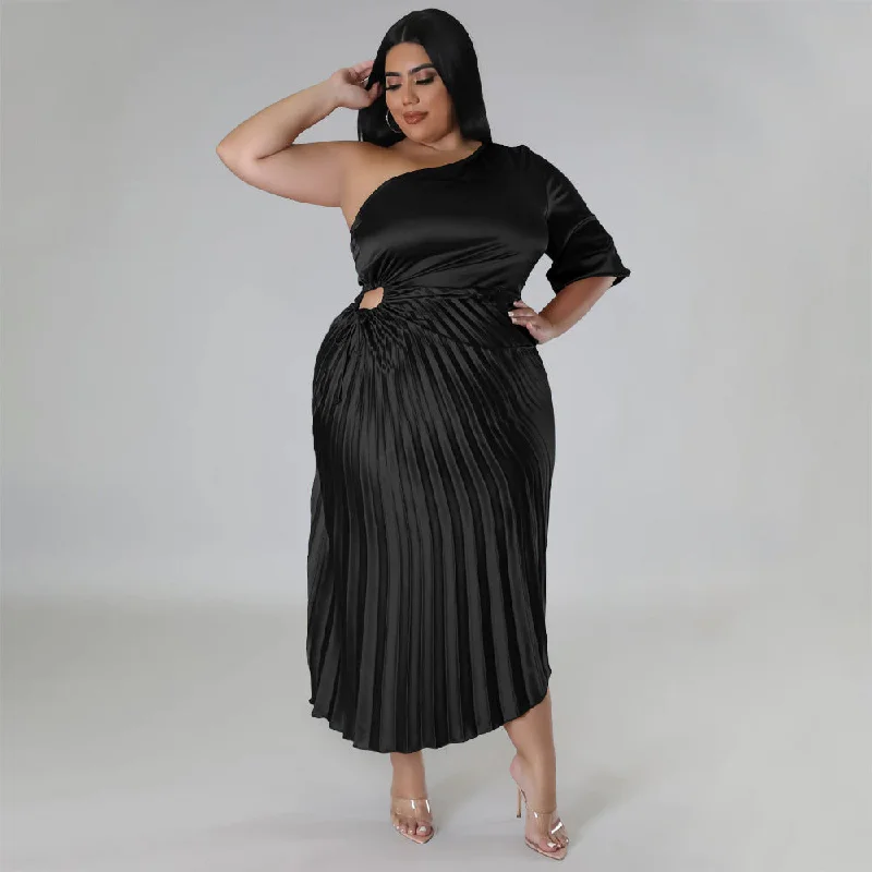 Women Clothing Spring Sexy Oblique Shoulder Drawstring Pleated Dress Tunics Satin smooth Women Clothing Spring Sexy Oblique Shoulder Drawstring Pleated Dress Tunics Satin smooth
