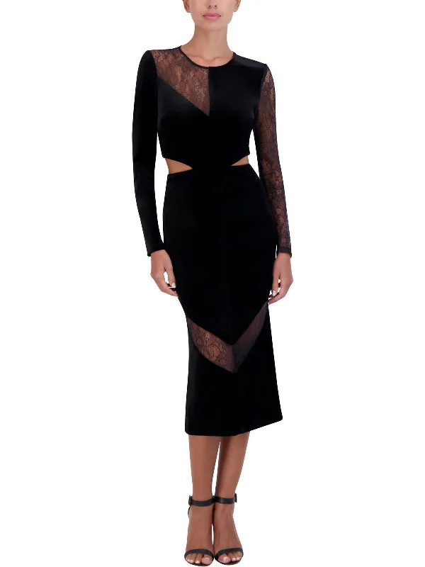 Womens Velvet Lace Trim Cocktail And Party Dress Tunics Silk luxurious
