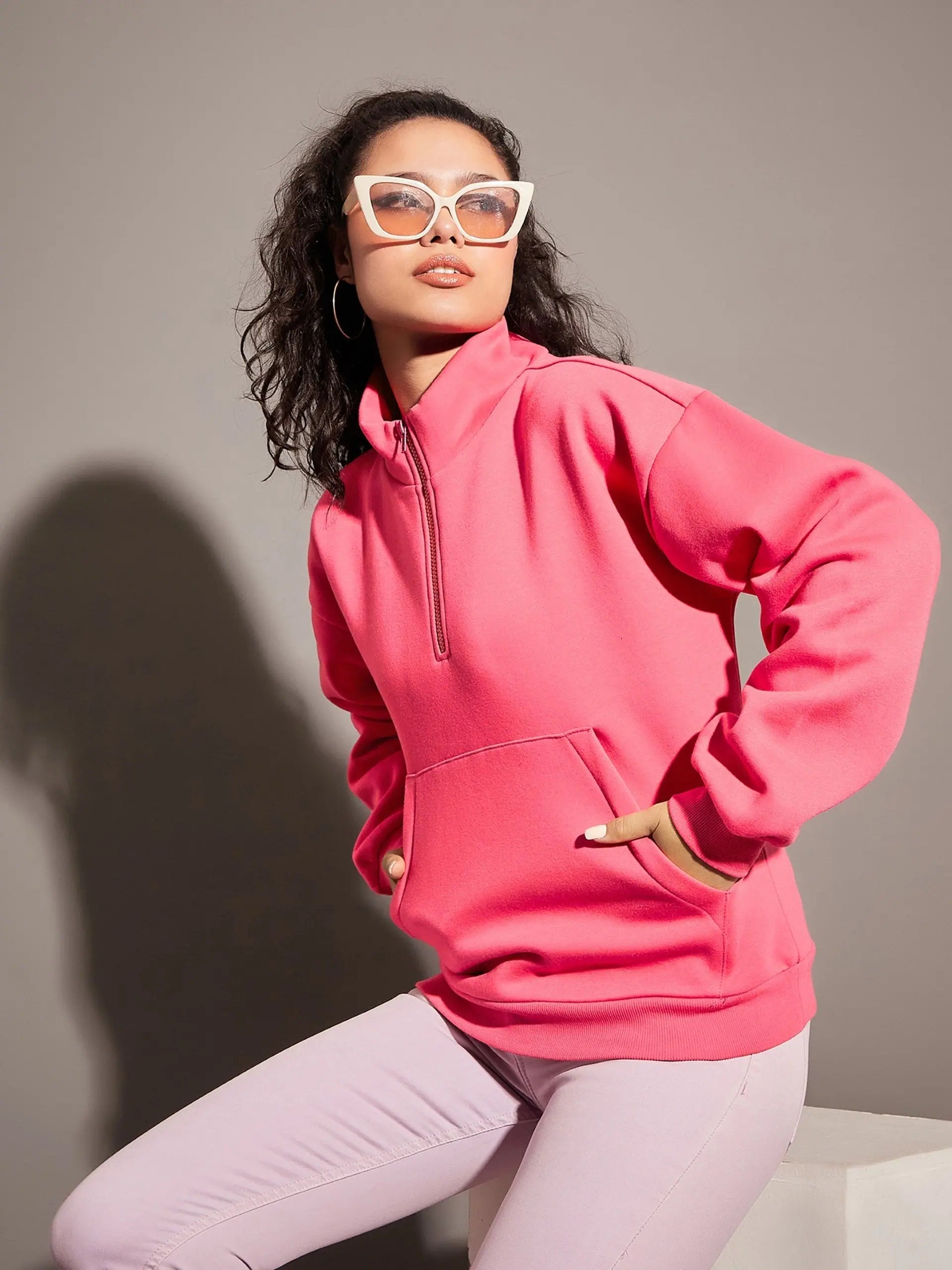 Women Pink Fleece Front Zipper Sweatshirt Hoodie with Hem Frayed Vintage Worn