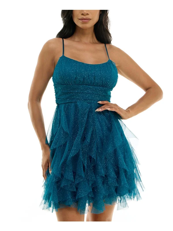Juniors Womens Corkscrew Ruffles Gathered Cocktail and Party Dress Tunics Short Trendy