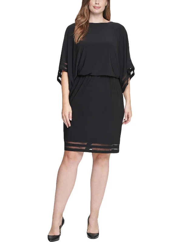 Plus Womens Illusion Trim Blouson Cocktail and Party Dress Glittery Long Formal