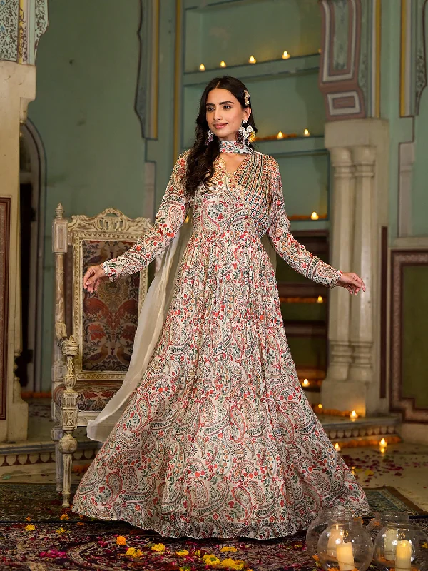 Women's Beige Digital Print Chinon Fabric Gota Work Party Dress with Organza Dupatta - Taantav Tunics Practical durable