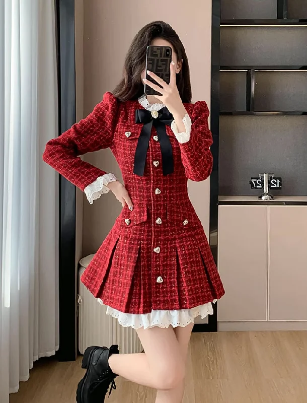 Ruby Love Tweed Mini Dress (Red) Casual Button-Up Mini Dress
