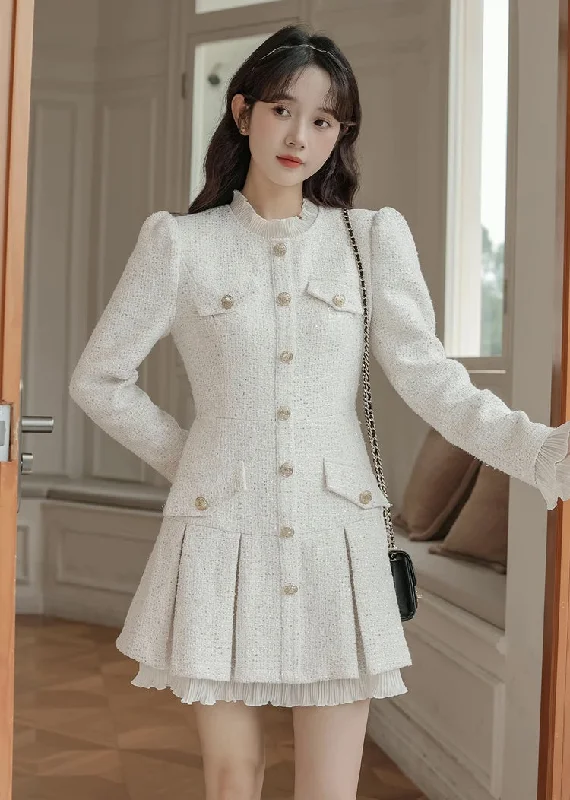 Snowy Sequin Tweed Mini Dress (White) Comfortable Ruffle Mini Dress