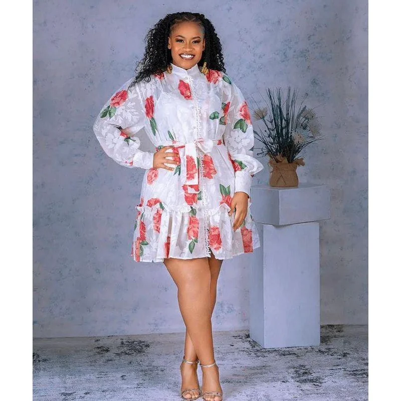Print Round Neck Long Sleeve Lace Up Mini Dress. Comfortable Zip-Up Mini Dress