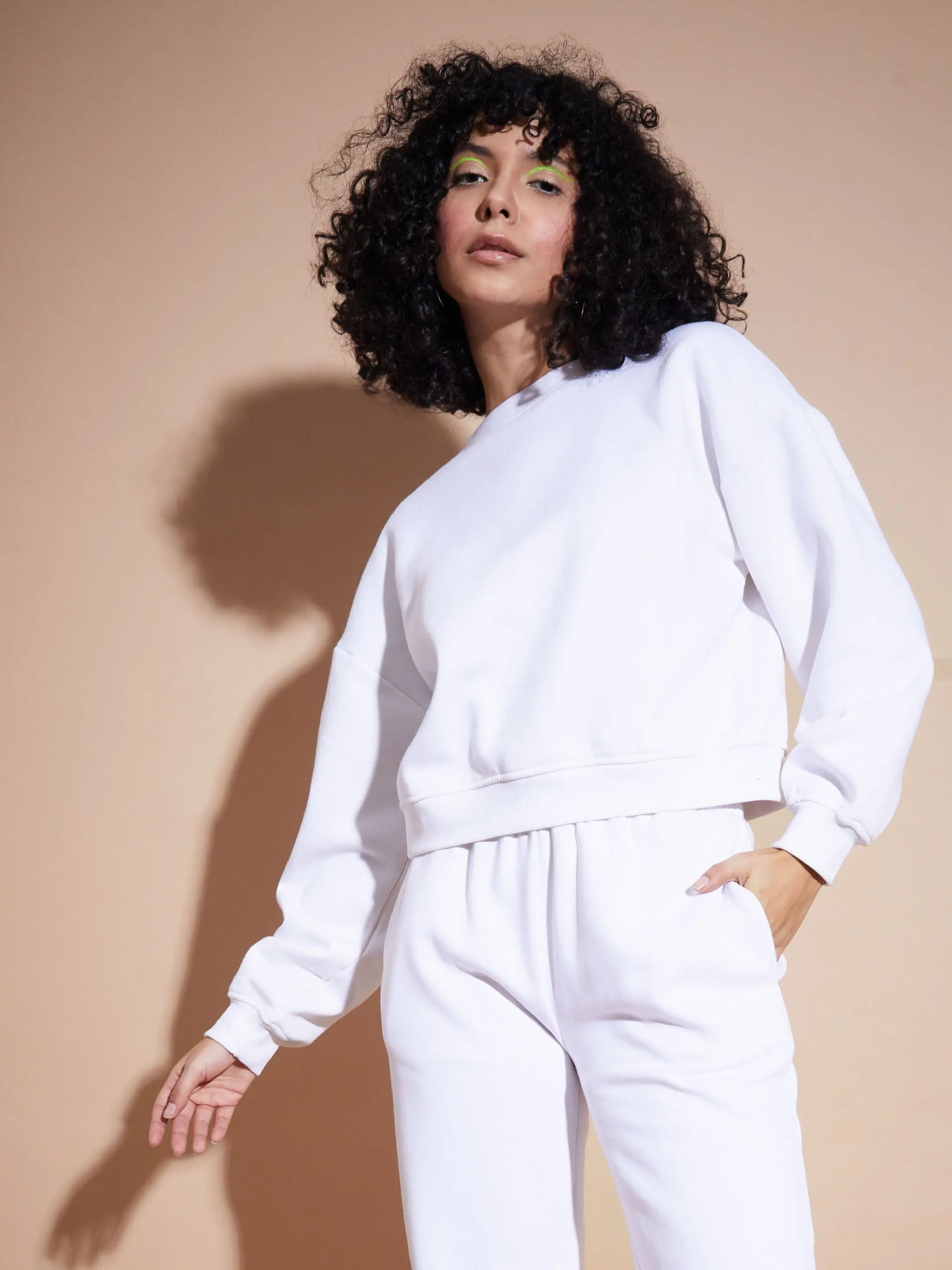 Women White Premium Fleece Oversized Sweatshirt Hoodie with Elastic Cuffs Stretchable Comfortable
