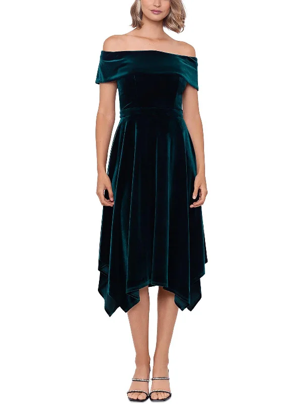 Womens Velvet Midi Cocktail and Party Dress Off-the-shoulder Bohemian Festive