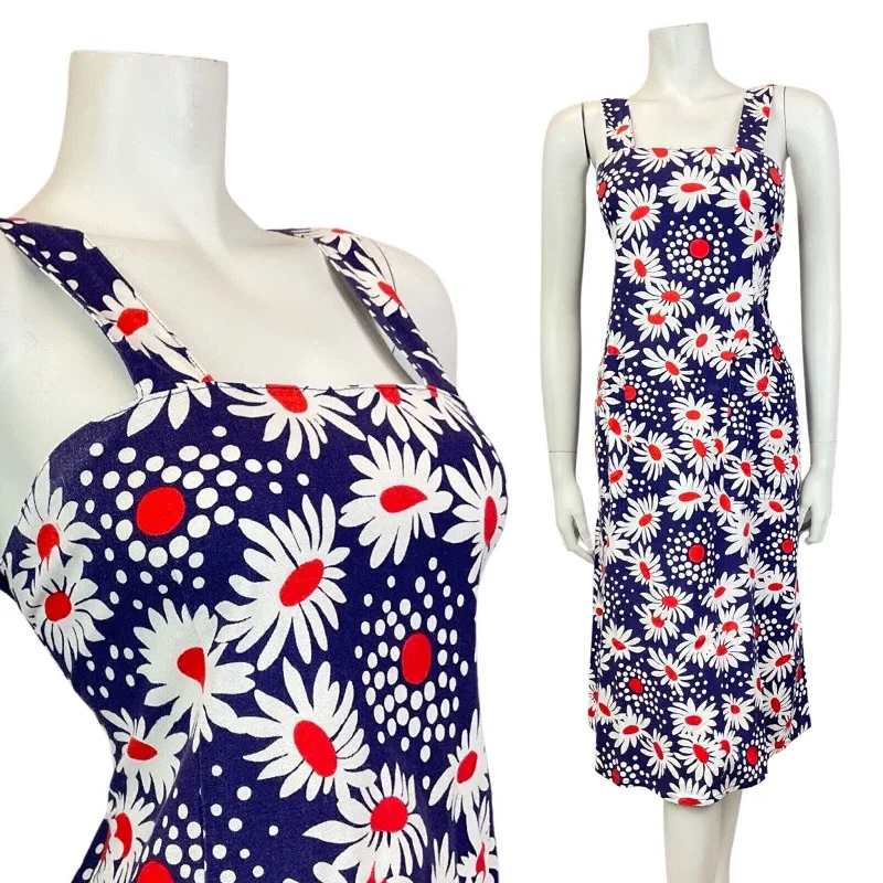 VINTAGE 60s 70s BLUE WHITE RED DAISY FLOWER DOTTY SUMMER APRON DRESS 10 Tunics Luxurious high-end