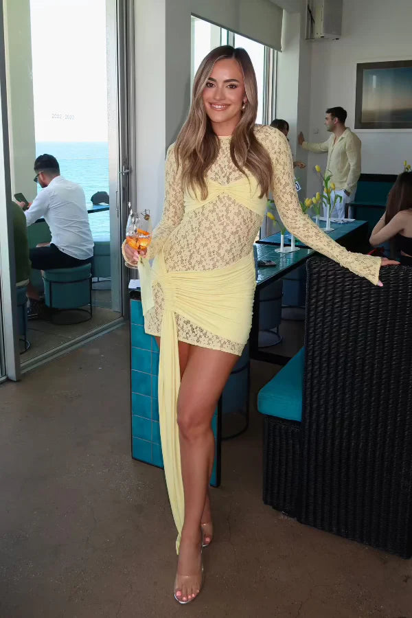 Hire DECONDUARTE Ortigia Lace Mini Dress in Baby Yellow Comfortable Boho Mini Dress