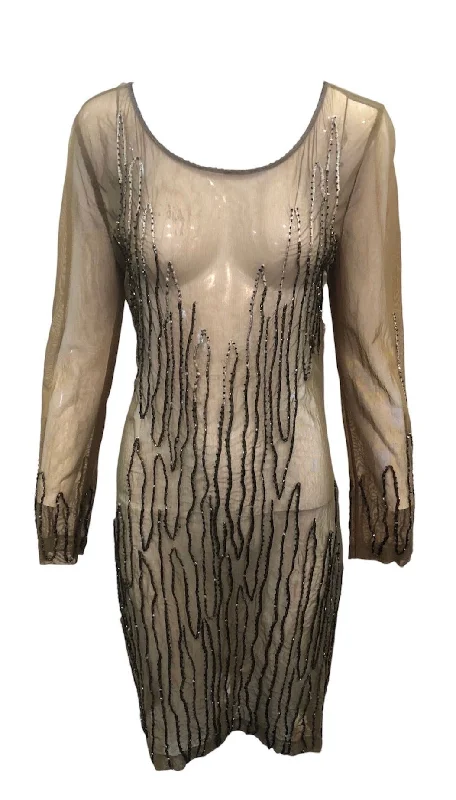 Krizia 2000s Olive  Green Sheer Mesh Beaded Body Con Dress Tunics Spring floral