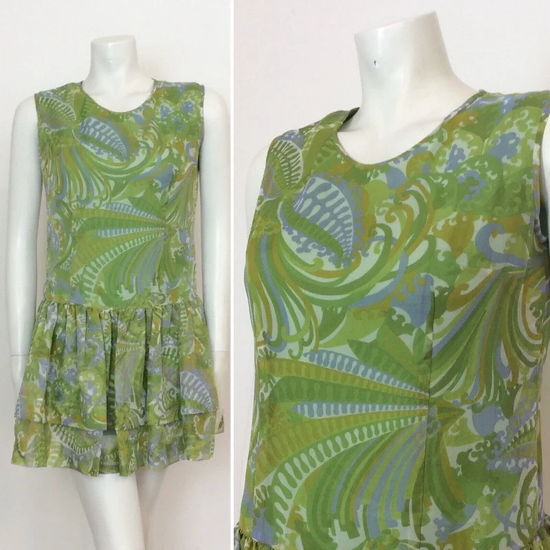 VINTAGE 60S GREEN BLUE PAISLEY DROP WAIST DRESS 12 Tunics Chic fashionable