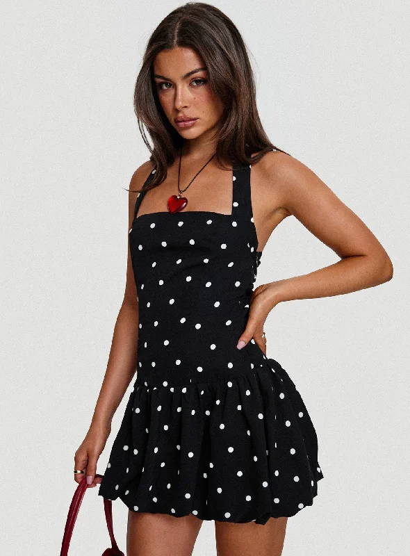 Gigli Bubble Hem Mini Dress Polka Dot Cozy Ruched Mini Dress