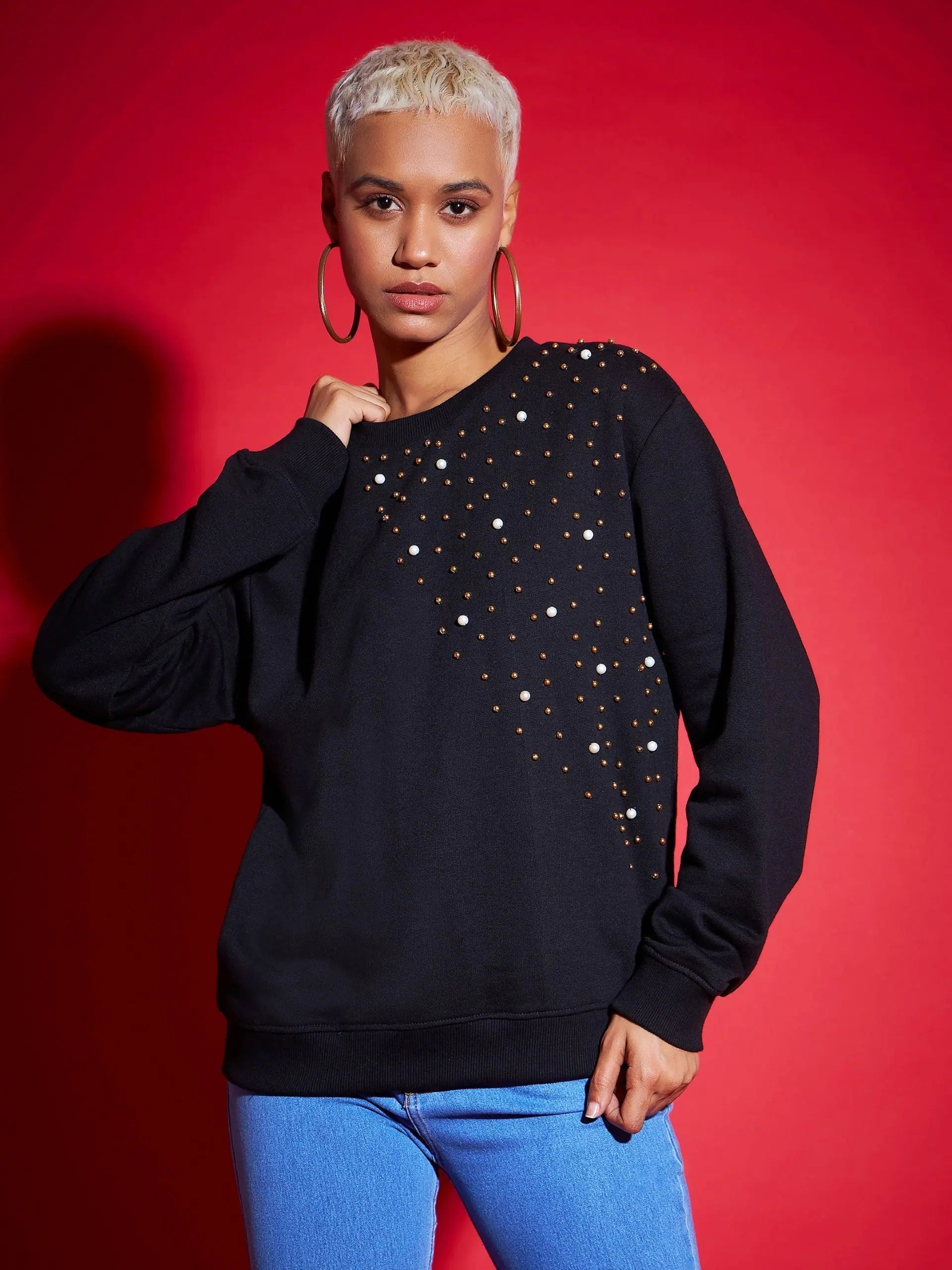 Women Black Terry Pearl Embellished Oversized Sweatshirt Hoodie with High Neck Warm Protective Women Black Terry Pearl Embellished Oversized Sweatshirt Hoodie with High Neck Warm Protective