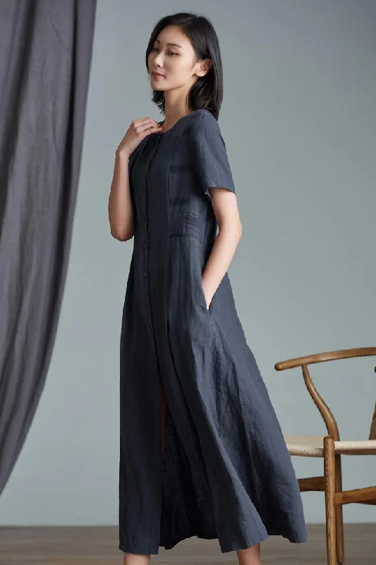 single-breasted crew mid waist solid commuter dress CY09 Crew Neckline Sporty