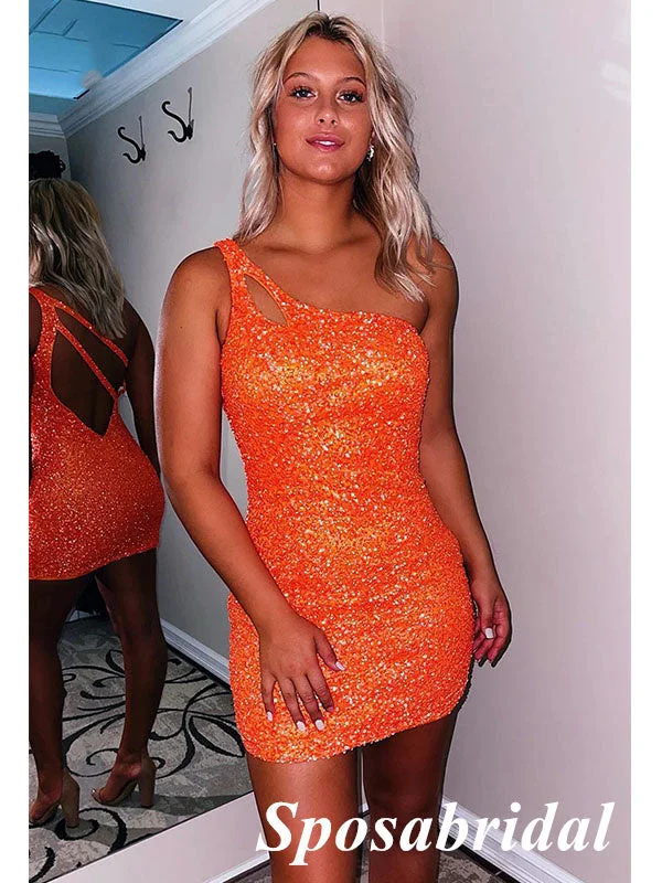 Sparkly Orange Sequin One Shoulder Sheath Mini Dresses/ Homecoming Dresses, PD3556 Fashionable Pleated Mini Dress Sparkly Orange Sequin One Shoulder Sheath Mini Dresses/ Homecoming Dresses, PD3556 Fashionable Pleated Mini Dress