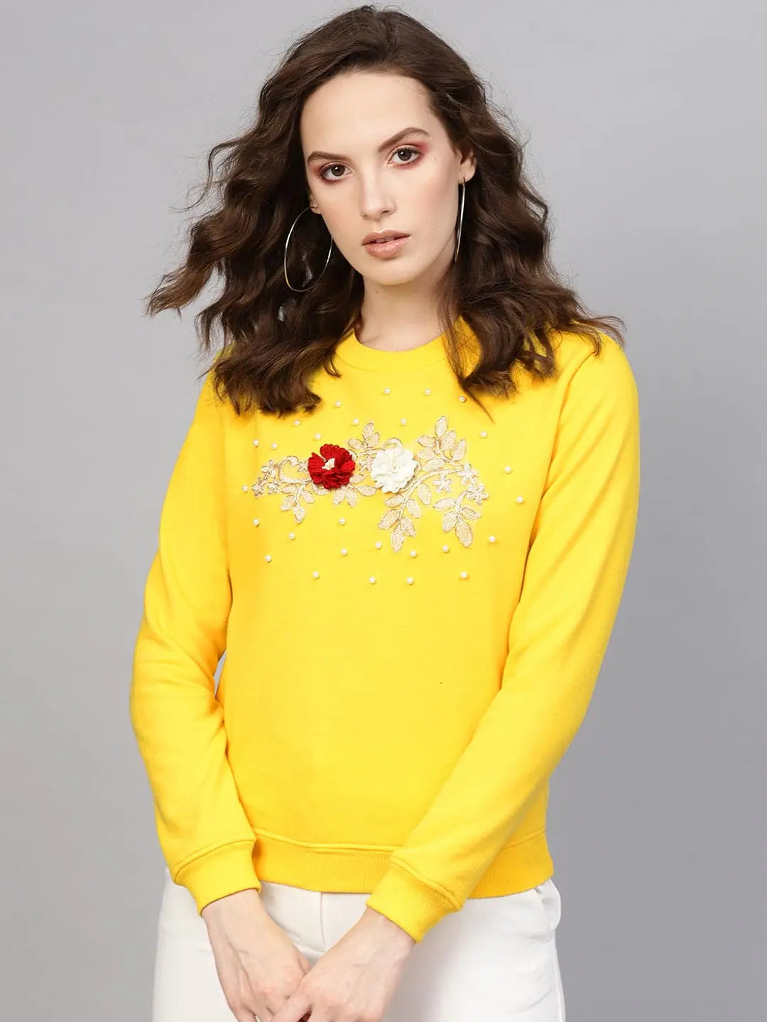 Yellow Floral Patch Sweatshirt Hoodie with Drawcord Adjustable Secure