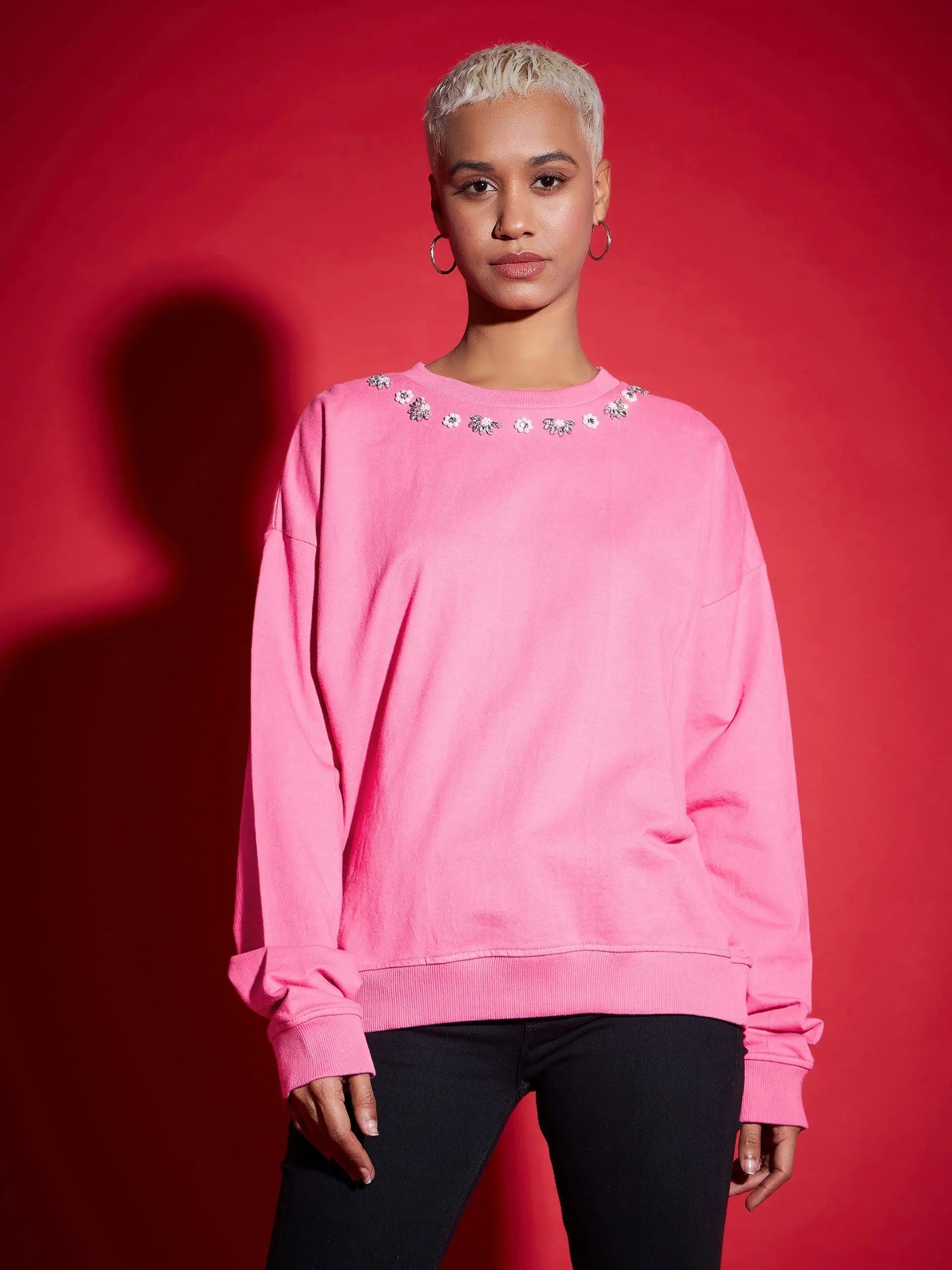 Women Pink Terry Stud Pearl Oversized Sweatshirt Hoodie with Cropped Fit Short Trendy Women Pink Terry Stud Pearl Oversized Sweatshirt Hoodie with Cropped Fit Short Trendy