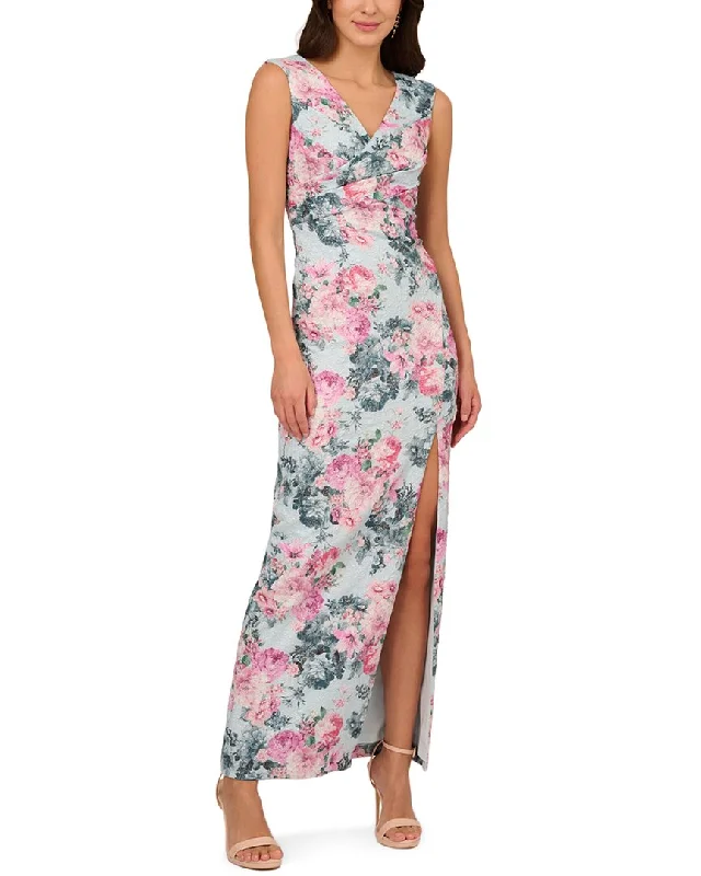 Adrianna Papell Metallic Jacquard Long Dress Maxi Flowy Bohemian