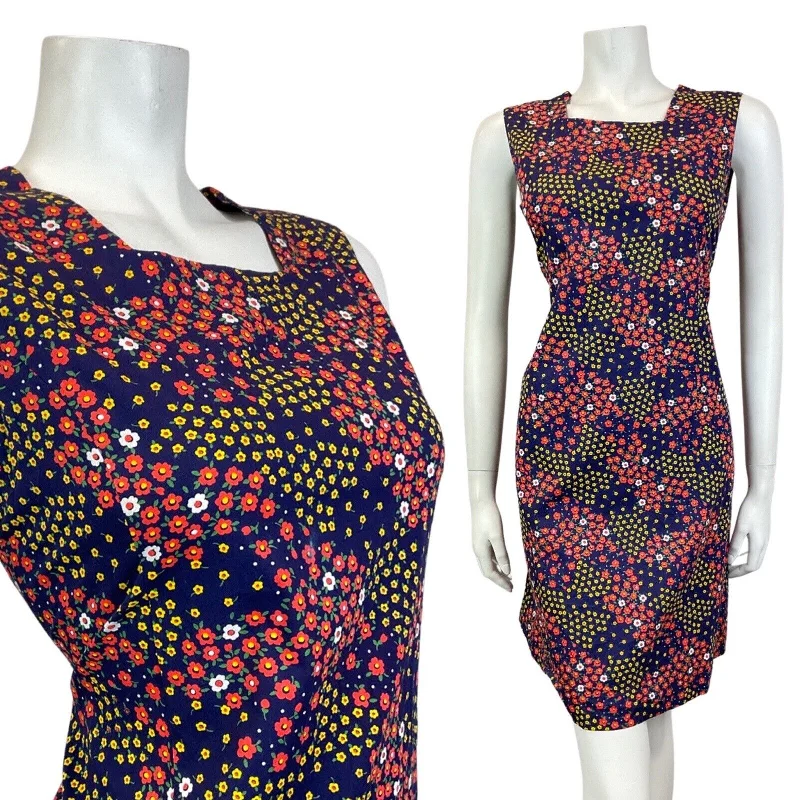 VINTAGE 60s 70s BLUE RED YELLOW DITSY FLOWER SLEEVELESS SUMMER DRESS 10 12 Tunics Trendy modern VINTAGE 60s 70s BLUE RED YELLOW DITSY FLOWER SLEEVELESS SUMMER DRESS 10 12 Tunics Trendy modern