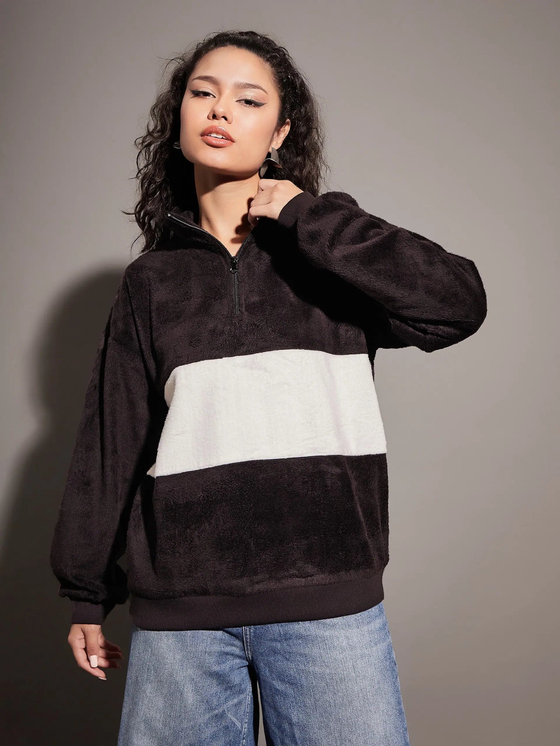 Women Black Fur Colour Block High Neck Sweatshirt Hoodie with Logo Branding Identity Women Black Fur Colour Block High Neck Sweatshirt Hoodie with Logo Branding Identity