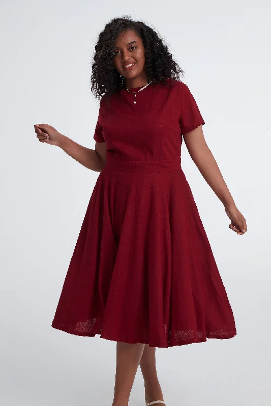 Retro plus size burgundy Linen dress 3400# Tunics Modern contemporary