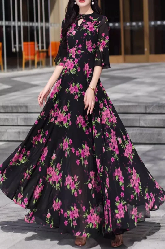 Maxi black floral printed long chiffon dress 5089 Tunics New arrival