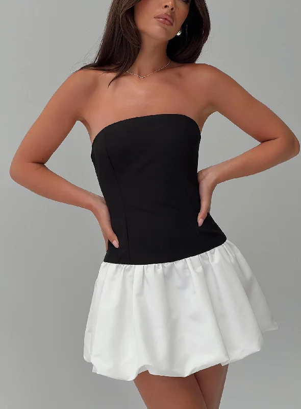Delicacies Bubble Hem Mini Dress Black / White Trendy Button-Detail Mini Dress