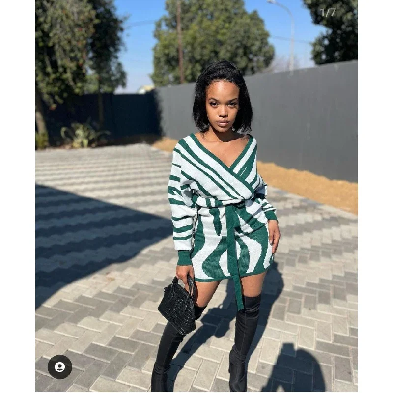 Striped V-Neck Mini Dress Trendy Mini Dress with Belt
