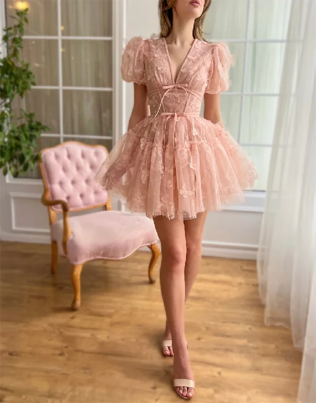 Lace V-neck Homecoming Dresses for Teens Short Sleeve Mini Dress Appliques Lace-up Puffy Backless A-line Formal Ball Party Gowns Cozy Satin Mini Dress