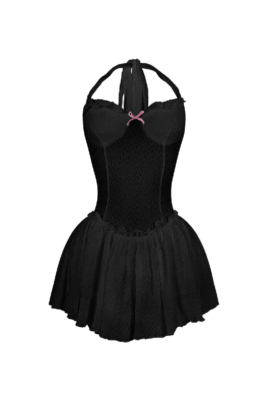 Selah Lace Halter Mini Dress With Bow Casual V-Neck Mini Dress