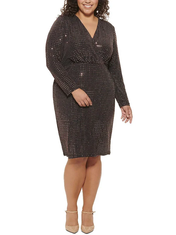 Plus Womens Surplice Knee Cocktail and Party Dress Tunics Satin smooth