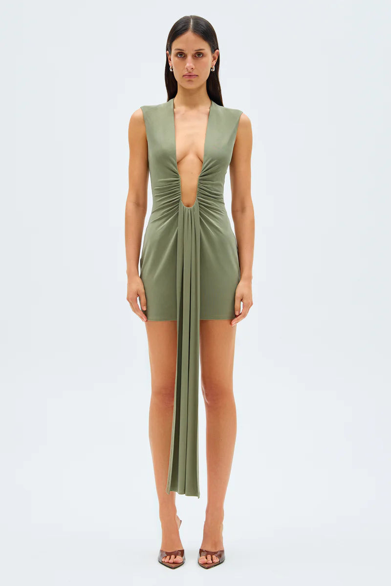 Hire MISHA Jennifer Cupro Mini Dress in Sage Green Elegant Off-Shoulder Dress Mini
