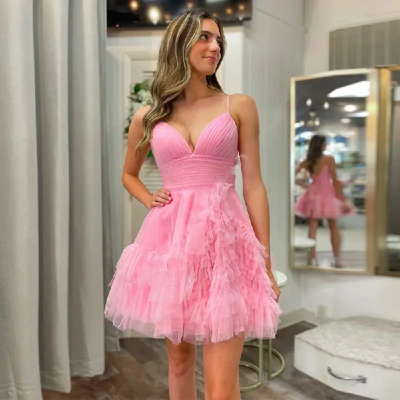 Sexy short spaghetti with short homecoming evening dress V-neck pleated layered A-line formal party mini dress new style Fashionable Lace Mini Dress