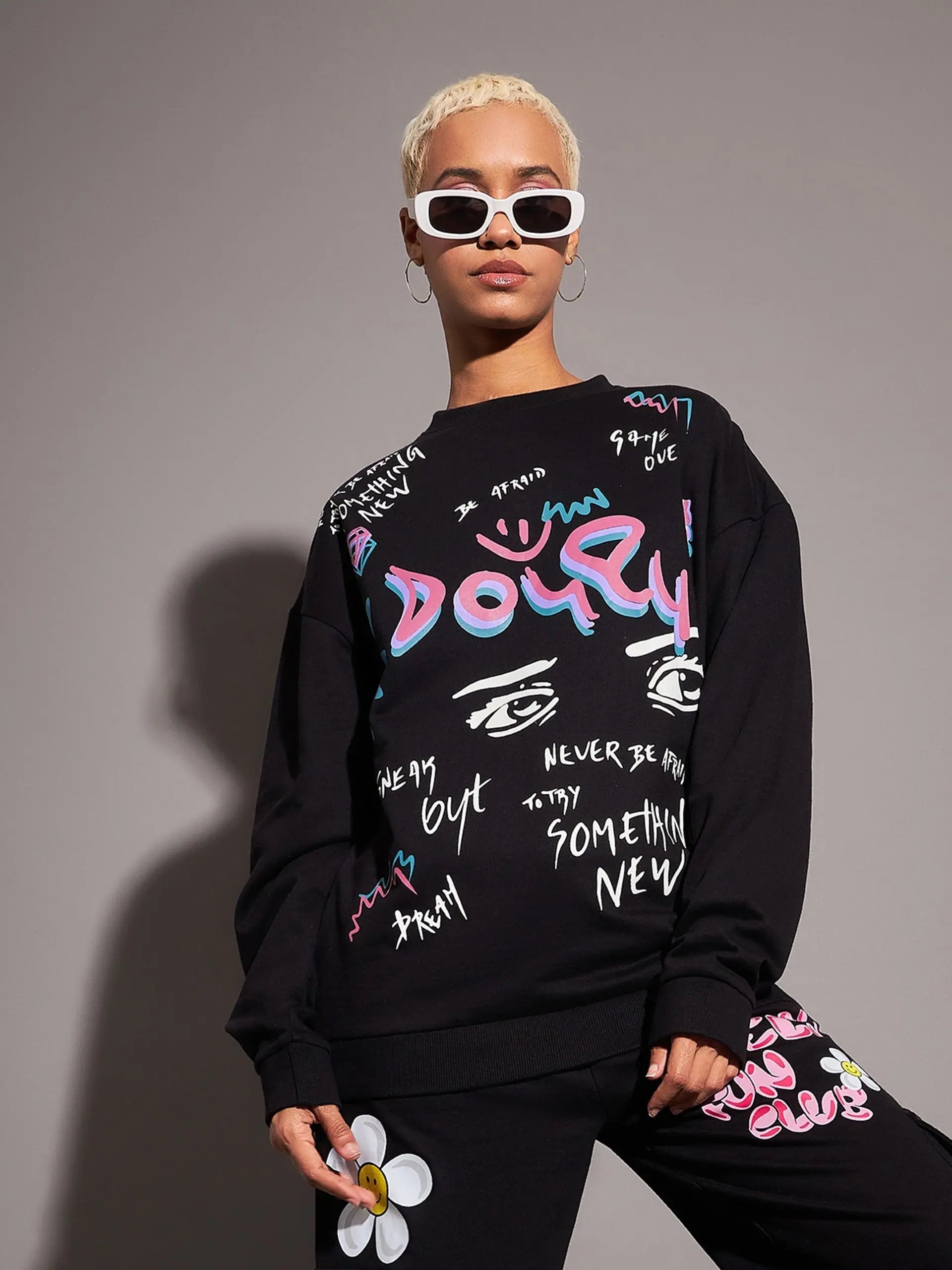 Women Black Eye Oversized Sweatshirt Hooded Sweatshirt Casual Wear Street Style