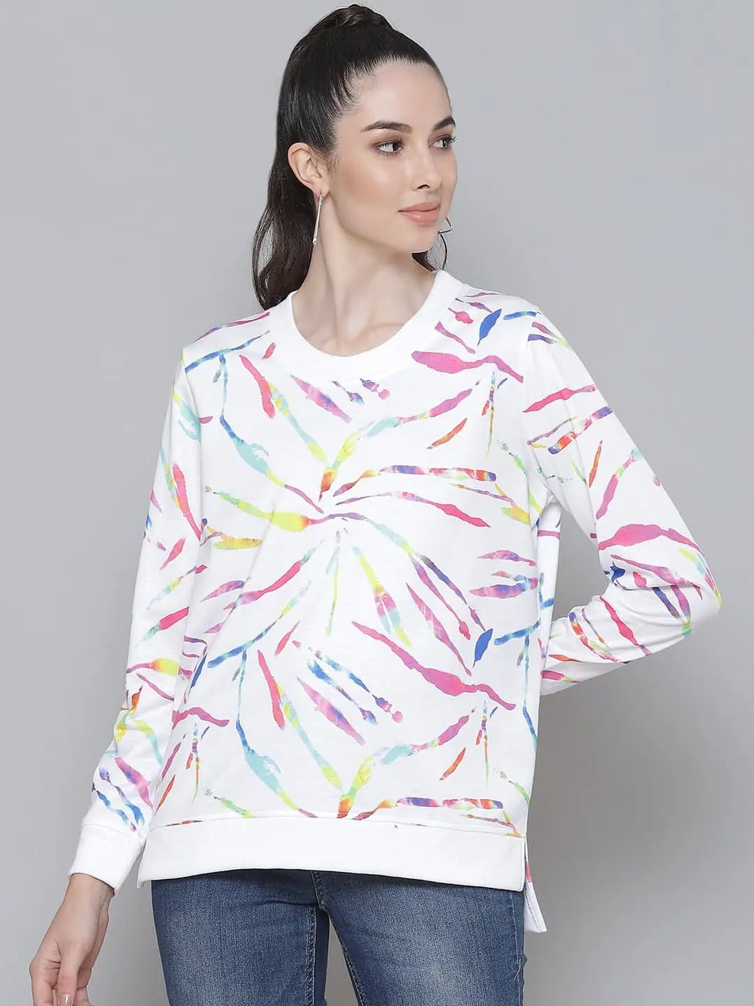 White Terry Multicolor Strokes Print Sweatshirt Hoodie with Mesh Breathable Sporty