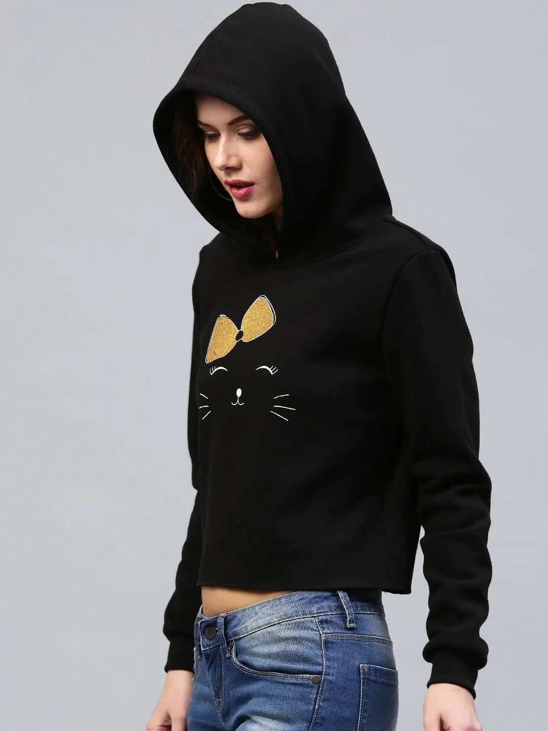 Bow Kitty Black Sweatshirt Hoodie with Button Classic Timeless