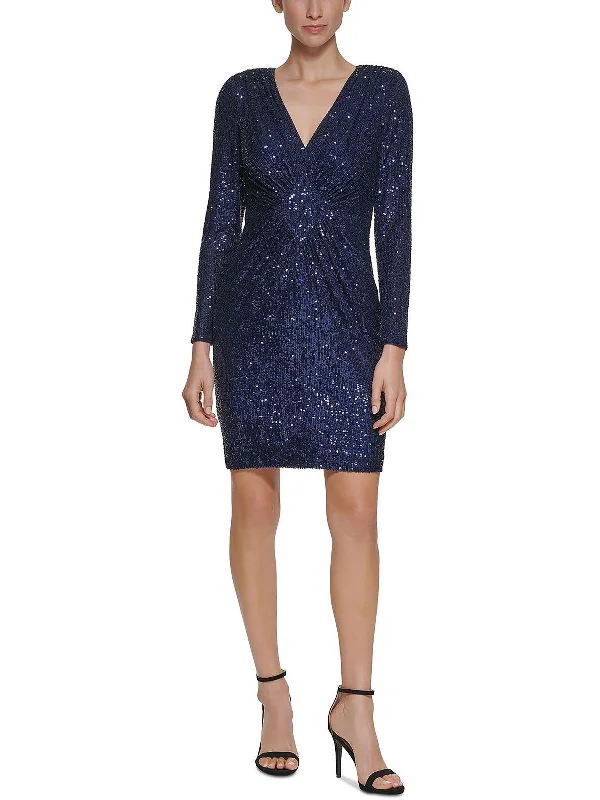 Petites Womens Sequined V-Neck Cocktail and Party Dress Tunics Fashionable trendy