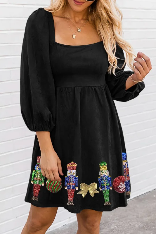 Sparkling Black Christmas Nutcracker Square Neck Mini Dress Comfortable One-Shoulder Mini Dress Sparkling Black Christmas Nutcracker Square Neck Mini Dress Comfortable One-Shoulder Mini Dress