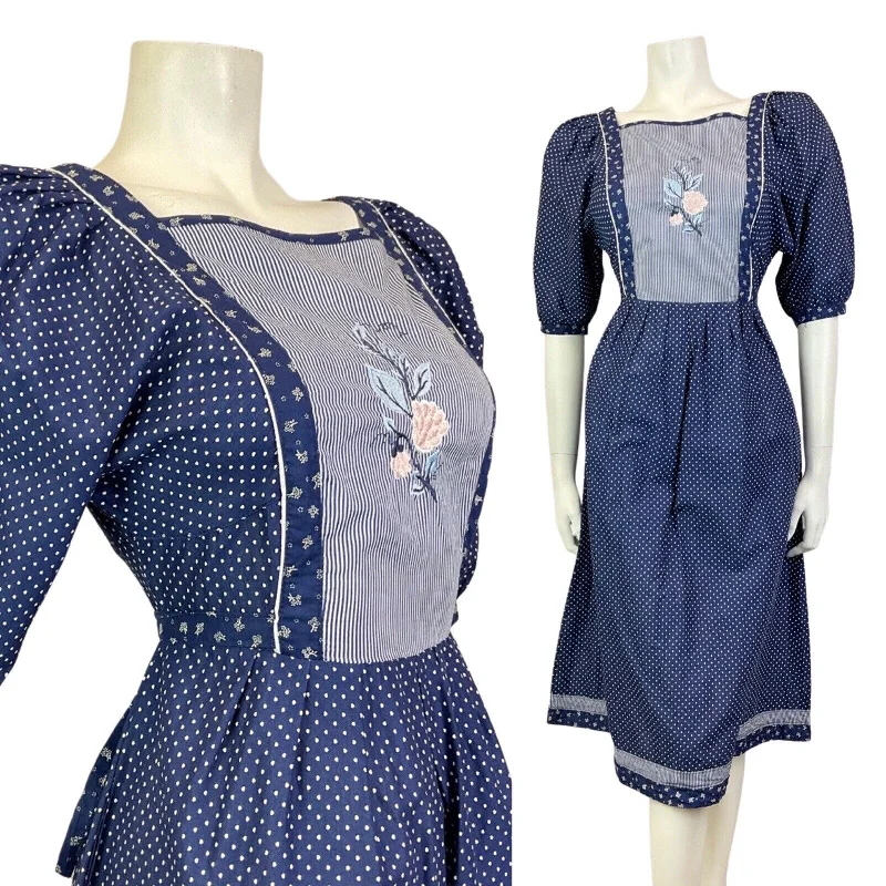 VINTAGE 70s BLUE WHITE PINK POLKA-DOT FLORAL EMBROIDERED BOHO PRAIRIE DRESS 8 Tunics Sale discount