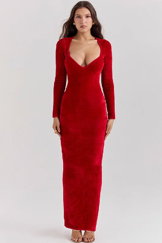 Sexy Sweetheart Neck Long Sleeve Velvet Bodycon Maxi Evening Dress - Red Tunics Solid Classic Sexy Sweetheart Neck Long Sleeve Velvet Bodycon Maxi Evening Dress - Red Tunics Solid Classic